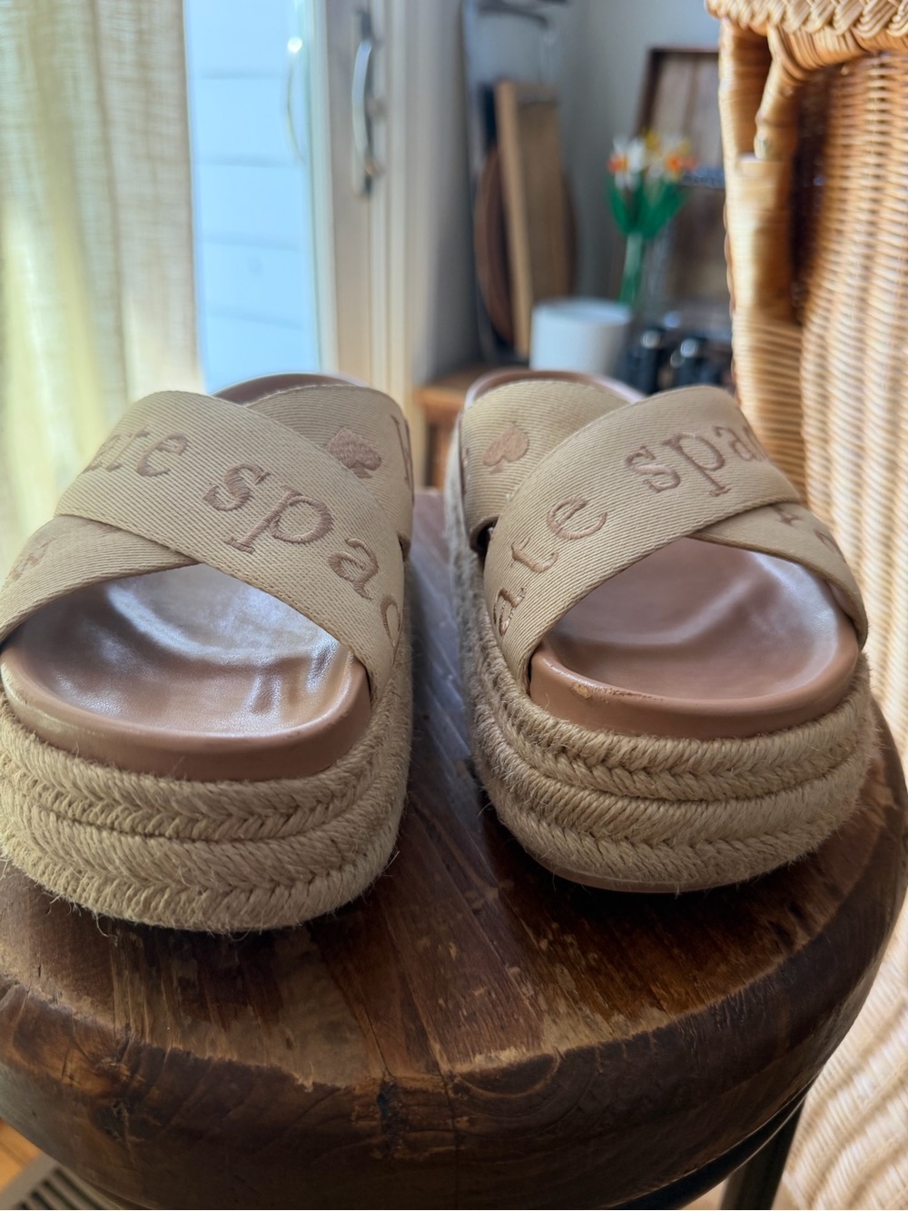 kate spade Neutral Beige Crisscross Espadrille Platform Slides